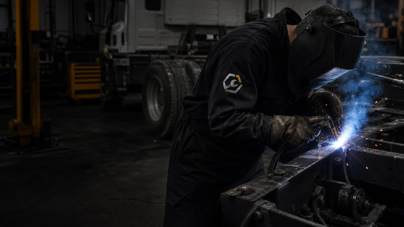 Profissional executando solda em equipamento pesado